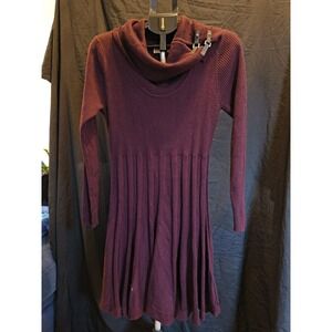 Dana Buchman Large Cowel Neck Purple Maroon Sweater Dress Leather Accents